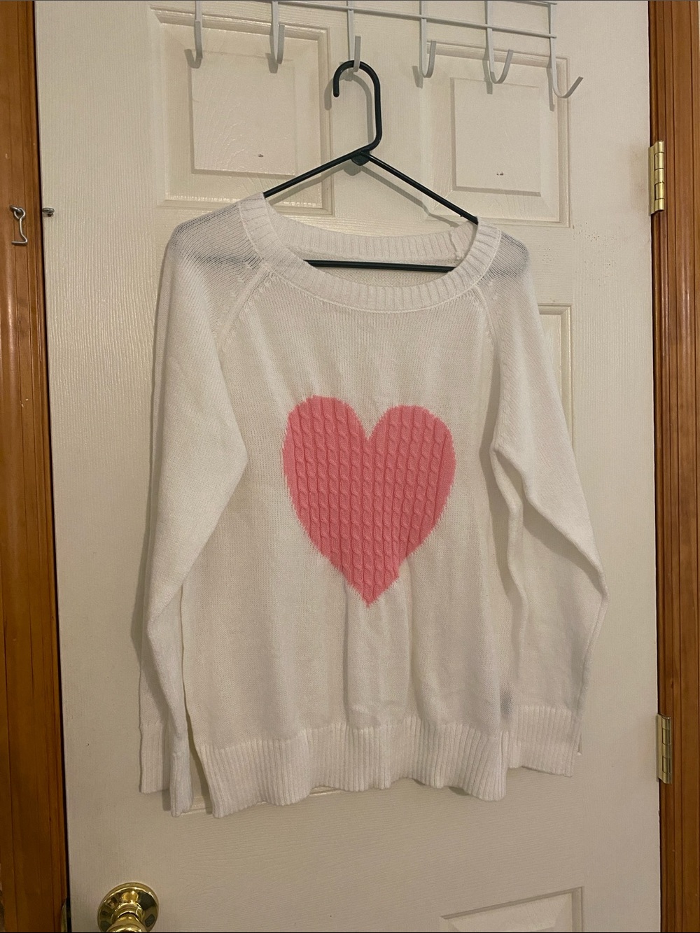 SHEIN White Crewneck Sweater with Pink Heart Motif